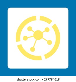 Connections diagram icon. Vector style is yellow and white colors, flat rounded square button on a blue background.