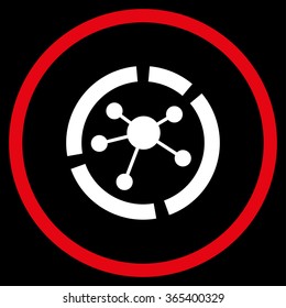 Connections Diagram vector icon. Style is bicolor flat circled symbol, red and white colors, rounded angles, black background.