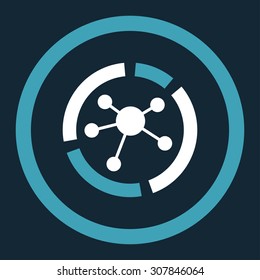 Connections diagram vector icon. This rounded flat symbol is drawn with blue and white colors on a dark blue background.