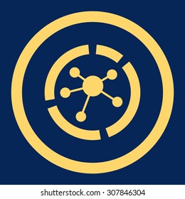 Connections diagram vector icon. This rounded flat symbol is drawn with yellow color on a blue background.