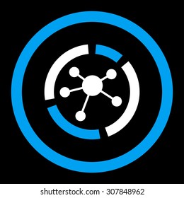 Connections diagram vector icon. This rounded flat symbol is drawn with blue and white colors on a black background.