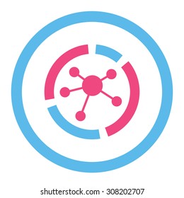 Connections diagram vector icon. This rounded flat symbol is drawn with pink and blue colors on a white background.