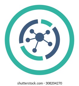 Connections diagram vector icon. This rounded flat symbol is drawn with cobalt and cyan colors on a white background.