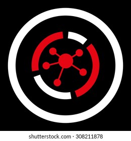 Connections diagram vector icon. This rounded flat symbol is drawn with red and white colors on a black background.
