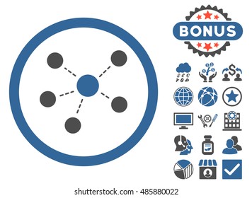 Connections icon with bonus elements. Vector illustration style is flat iconic bicolor symbols, cobalt and gray colors, white background.