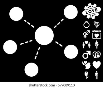 Connections icon with bonus passion graphic icons. Vector illustration style is flat iconic white symbols on black background.