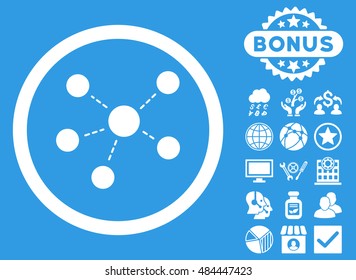 Connections icon with bonus pictogram. Vector illustration style is flat iconic symbols, white color, blue background.
