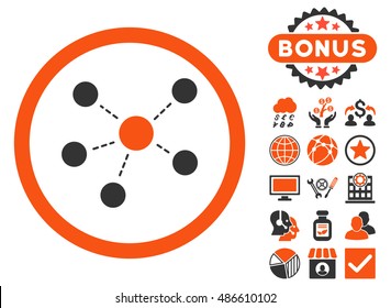 Connections icon with bonus pictogram. Vector illustration style is flat iconic bicolor symbols, orange and gray colors, white background.