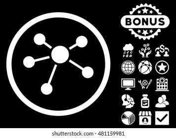 Connections icon with bonus. Vector illustration style is flat iconic symbols, white color, black background.