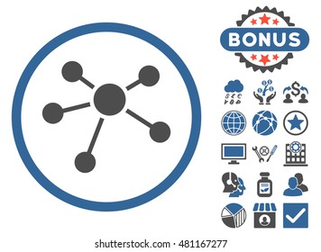Connections icon with bonus. Vector illustration style is flat iconic bicolor symbols, cobalt and gray colors, white background.
