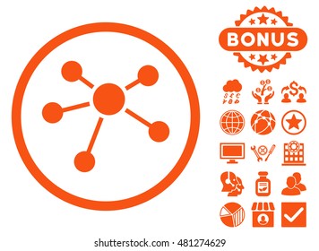 Connections icon with bonus. Vector illustration style is flat iconic symbols, orange color, white background.