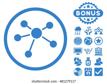 Connections icon with bonus. Vector illustration style is flat iconic symbols, cobalt color, white background.