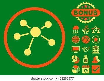 Connections icon with bonus. Vector illustration style is flat iconic bicolor symbols, orange and yellow colors, green background.