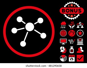 Connections icon with bonus. Vector illustration style is flat iconic bicolor symbols, red and white colors, black background.