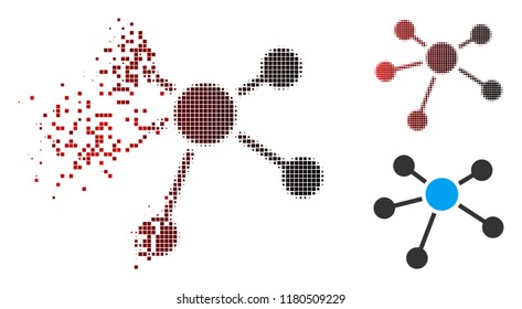 Connections icon with face in dissolved, dotted halftone and undamaged solid variants. Points are organized into vector sparkle connections symbol.