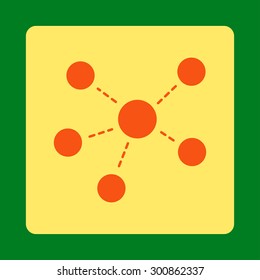 Connections icon. Vector style is orange and yellow colors, flat rounded square button on a green background.