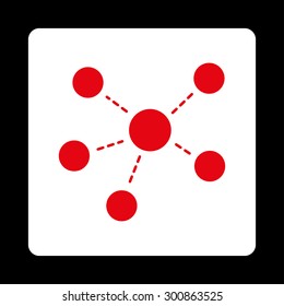 Connections icon. Vector style is red and white colors, flat rounded square button on a black background.