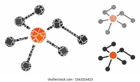 Connections mosaic of inequal elements in various sizes and color tones, based on connections icon. Vector joggly elements are grouped into mosaic. Connections icons collage with dotted pattern.