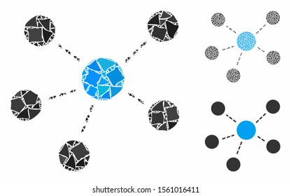 Connections mosaic of irregular pieces in various sizes and color tinges, based on connections icon. Vector tremulant pieces are grouped into mosaic. Connections icons collage with dotted pattern.