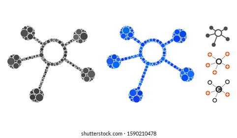 Connections mosaic of round dots in different sizes and color tinges, based on connections icon. Vector round elements are composed into blue mosaic.