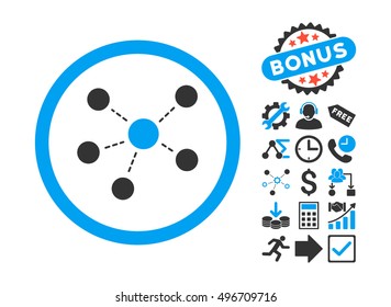 Connections pictograph with bonus design elements. Vector illustration style is flat iconic bicolor symbols, blue and gray colors, white background.