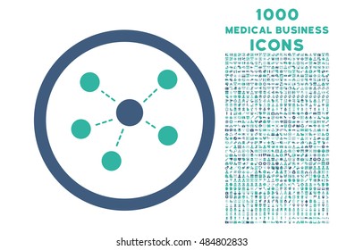 Connections rounded vector bicolor icon with 1000 medical business icons. Set style is flat pictograms, cobalt and cyan colors, white background.
