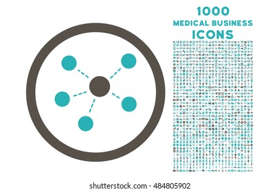 Connections rounded vector bicolor icon with 1000 medical business icons. Set style is flat pictograms, grey and cyan colors, white background.