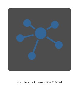Connections vector icon. This flat rounded square button uses cobalt and gray colors and isolated on a white background.