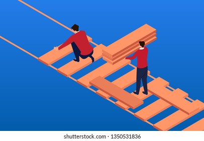 Connection,Two Businessmen Use Wood To Build Bridge