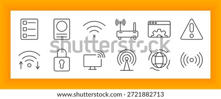 Connectivity alert set icon. Icons include checklists, routers, signals, gears, locks, screens, antennas, and warning triangles shown in outline representing internet access, security, and setup.