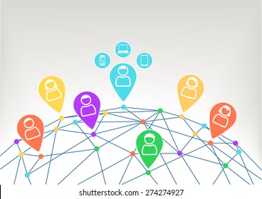 Connectivity and communication within social network with connected devices like notebook, smart phone and smart watch. Background with globe and connections between different dots. 