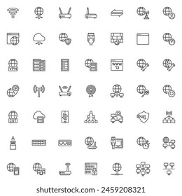 Konnektivität, Internet-Linie Symbole gesetzt. Lineare Stil Symbole Kollektion, Umriss Zeichen Pack. Grafik für Vektorgrafik der Netzwerkverbindung. Set enthält Symbole wie Wi-Fi-Signal, Computernetzwerk, Internet-Browser