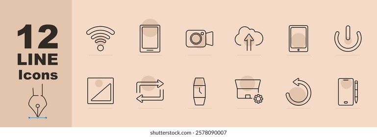 Connectivity set icon. Wi-Fi, tablet, video camera, cloud upload, tablet screen, power button, photo frame, arrows, smartwatch, app settings, refresh, stylus pen. Modern devices and data exchange