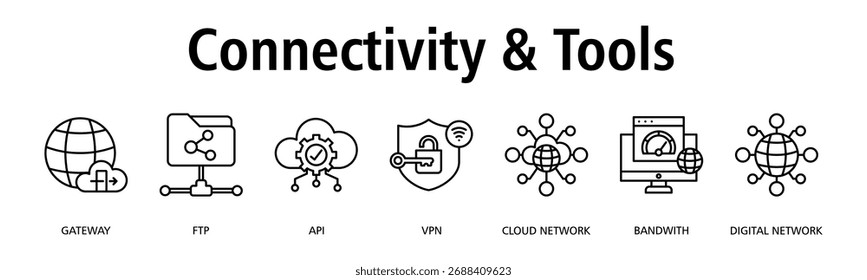 Conectividade e ferramentas banner web icon vetor ilustração conceito com ícone de gateway, ftp, api, vpn, rede em nuvem, largura de banda, rede digital

