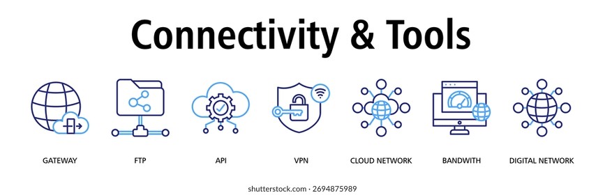 Konnektivität und Tools Banner Web-Symbol Vektorgrafik-Konzept mit Symbol für Gateway, ftp, api, vpn, Cloud-Netzwerk, Bandbreite, digitales Netzwerk

