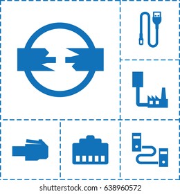 Connector icon. set of 6 connector filled icons such as wire, phone cable, phone connection cable