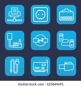 Connector icon. set of 9 outline connector icons such as wire, plug socket, phone cable, phone connection cable