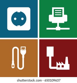 Connector icons set. set of 4 connector filled icons such as wire, plug socket