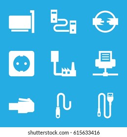 Connector icons set. set of 9 connector filled icons such as wire, plug socket, phone cable, phone connection cable