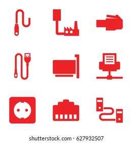 Connector icons set. set of 9 connector filled icons such as wire, plug socket, phone cable, phone connection cable