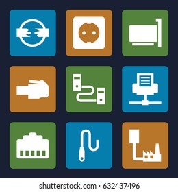 Connector icons set. set of 9 connector filled icons such as wire, plug socket, phone cable, phone connection cable