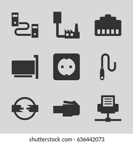 Connector icons set. set of 9 connector filled icons such as wire, plug socket, phone cable, phone connection cable
