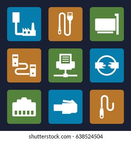 Connector icons set. set of 9 connector filled icons such as wire, phone cable, phone connection cable
