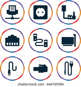 Connector icons set. set of 9 connector filled icons such as wire, plug socket, phone cable, phone connection cable