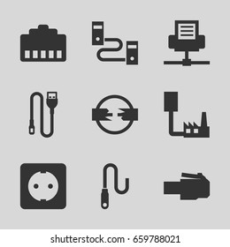 Connector icons set. set of 9 connector filled icons such as wire, plug socket, phone cable, phone connection cable