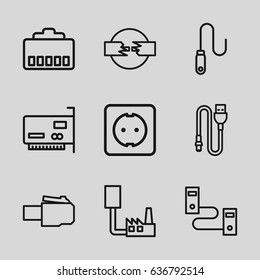 Connector icons set. set of 9 connector outline icons such as wire, plug socket, phone cable, phone connection cable