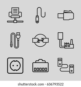 Connector icons set. set of 9 connector outline icons such as wire, plug socket, phone cable, phone connection cable
