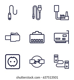 Connector icons set. set of 9 connector outline icons such as wire, plug socket, phone cable, phone connection cable