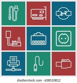 Connector icons set. set of 9 connector outline icons such as wire, plug socket, phone cable, phone connection cable