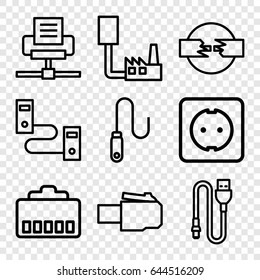 Connector icons set. set of 9 connector outline icons such as wire, plug socket, phone cable, phone connection cable
